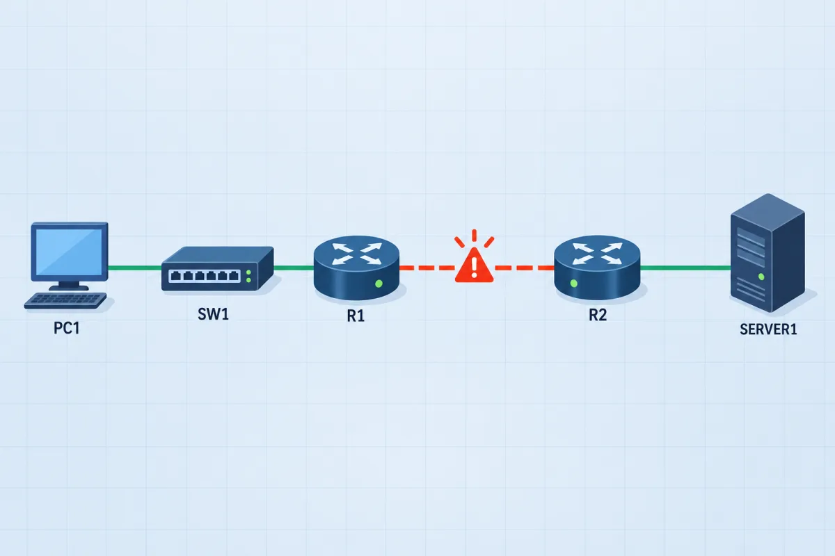 Branch Office Connectivity Failure: a PC, an access switch and two routers in front of a server, with the failing link marked