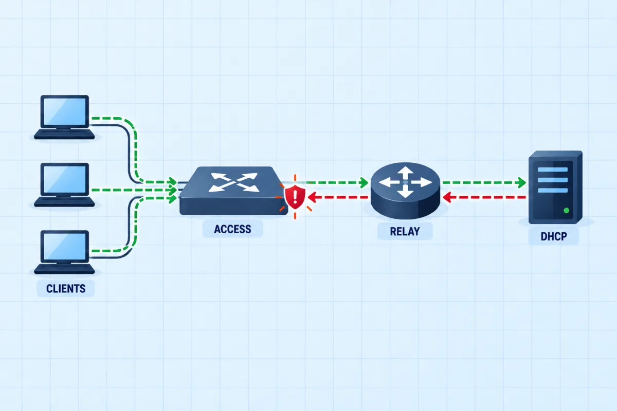 DHCP Relay and Snooping: No Address on the Floor: DHCP & snooping troubleshooting scenario topology