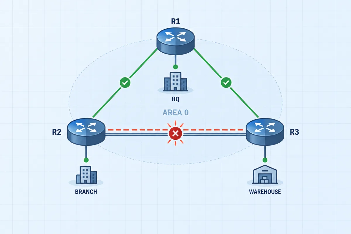 Three Sites on OSPF: OSPF troubleshooting scenario topology