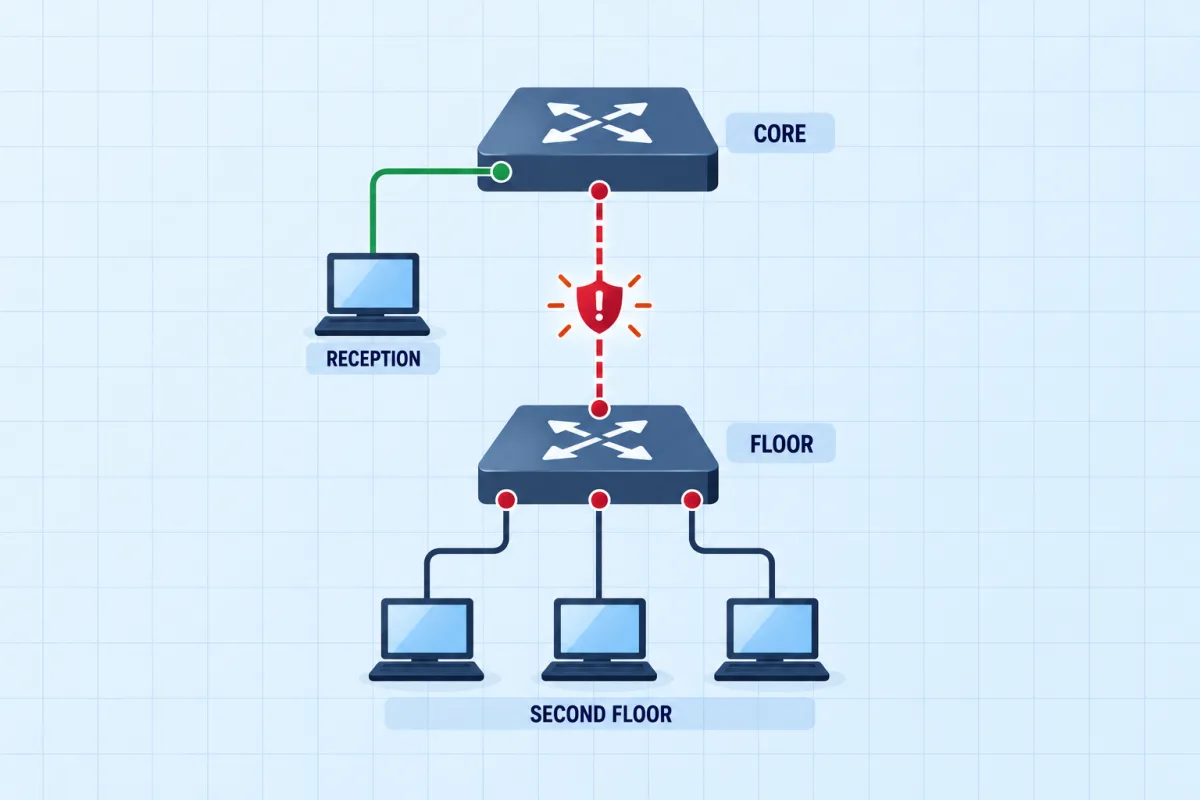 Port Security: The Uplink That Locked Itself Out: Port security troubleshooting scenario topology