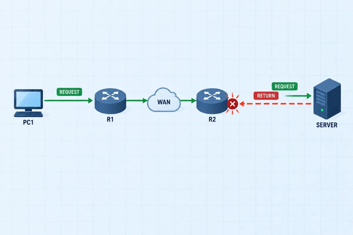 Return Path: Two-Way Routing: Static routing troubleshooting scenario topology