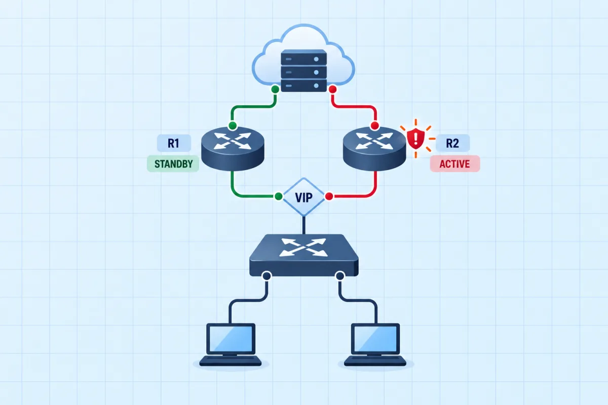 First Hop Redundancy: The Wrong Router Is Active - network topology with the fault marked