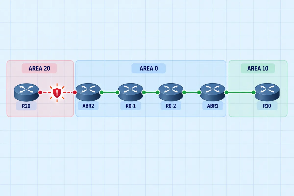 Multi-Area OSPF: An Area That Never Reaches the Backbone: core, two area border routers, a plant router and a store router across three OSPF areas